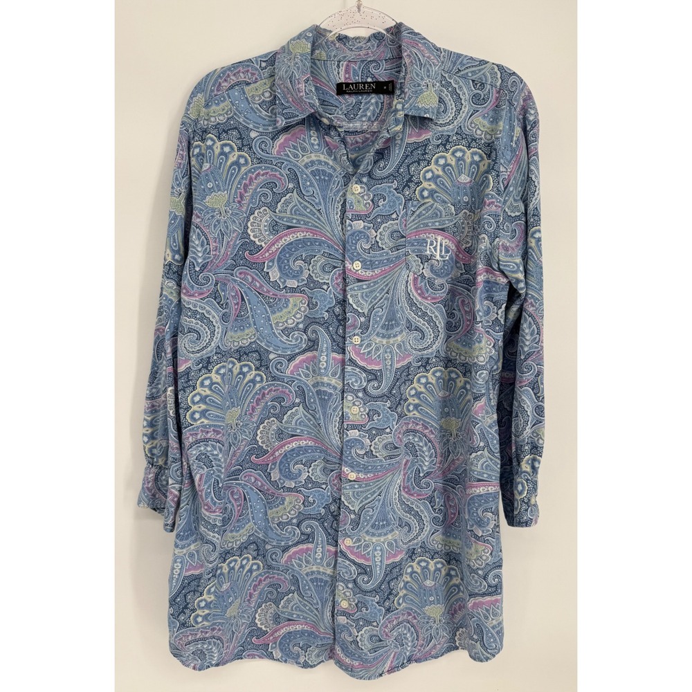Lauren Ralph Lauren Blue Paisley Cotton Viscose Button Down Shirt Womens Sz M
